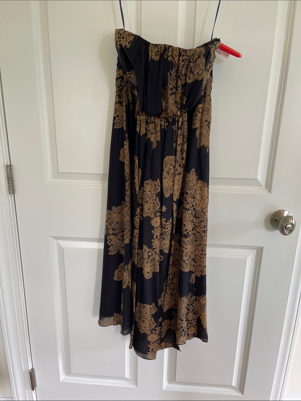 Tibi Navy and Old Gold Strapless Maxi Dress